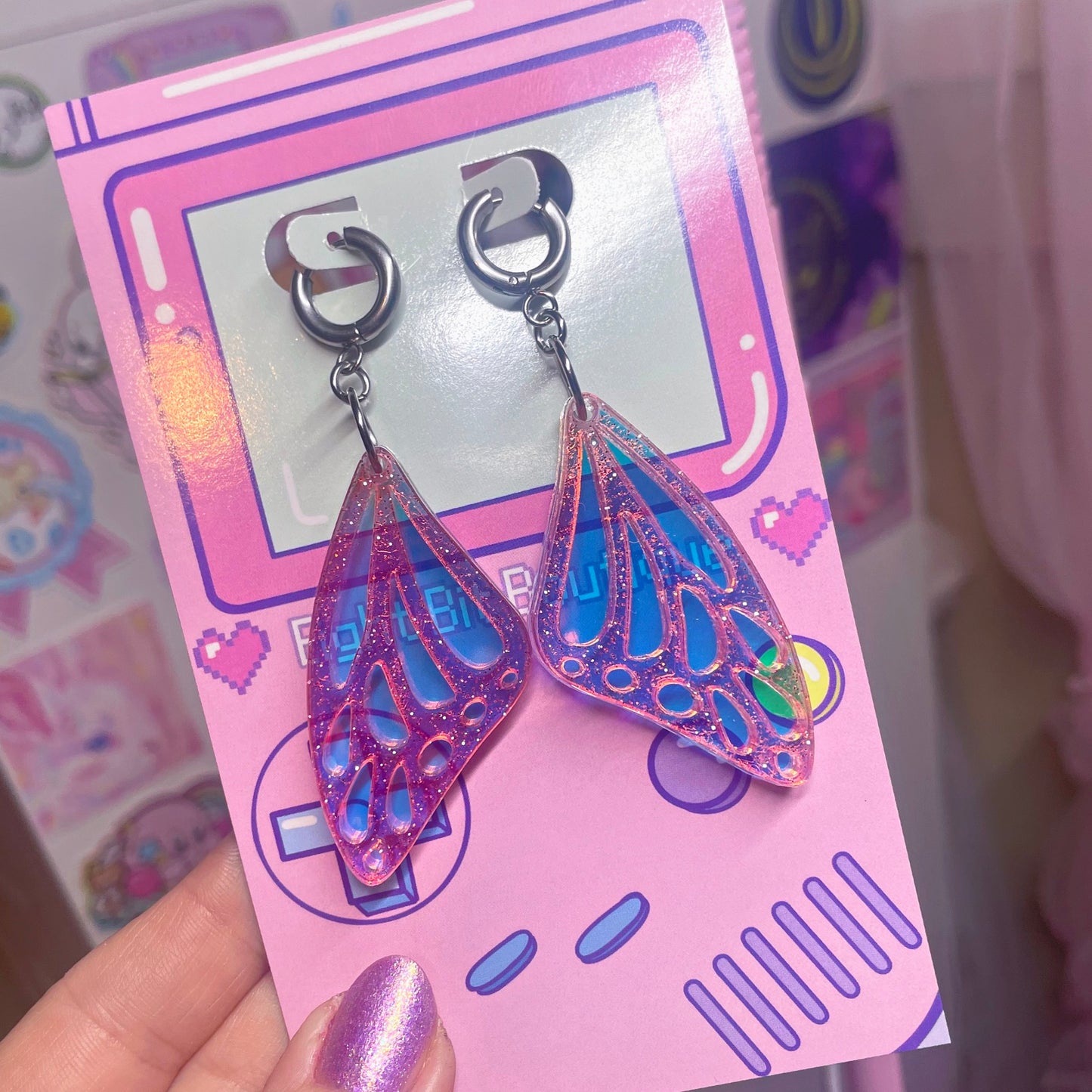 Pink Aura Butterfly Wing Earrings