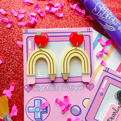Best Teacher! Pink Eraser or Bendy Pencil Apple Stud Earrings