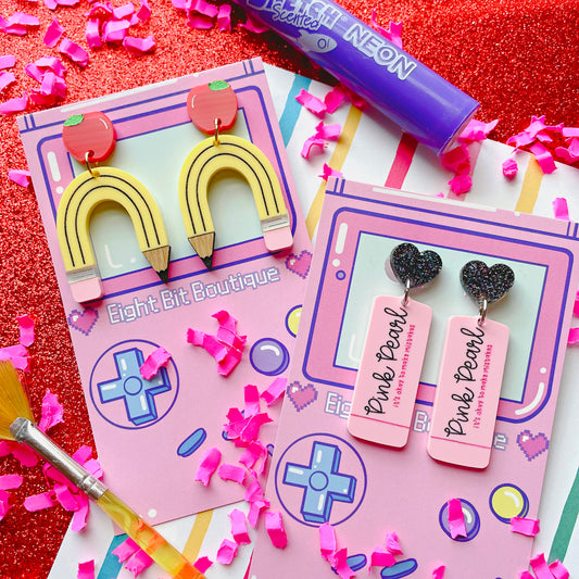 Best Teacher! Pink Eraser or Bendy Pencil Apple Stud Earrings