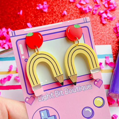 Best Teacher! Pink Eraser or Bendy Pencil Apple Stud Earrings