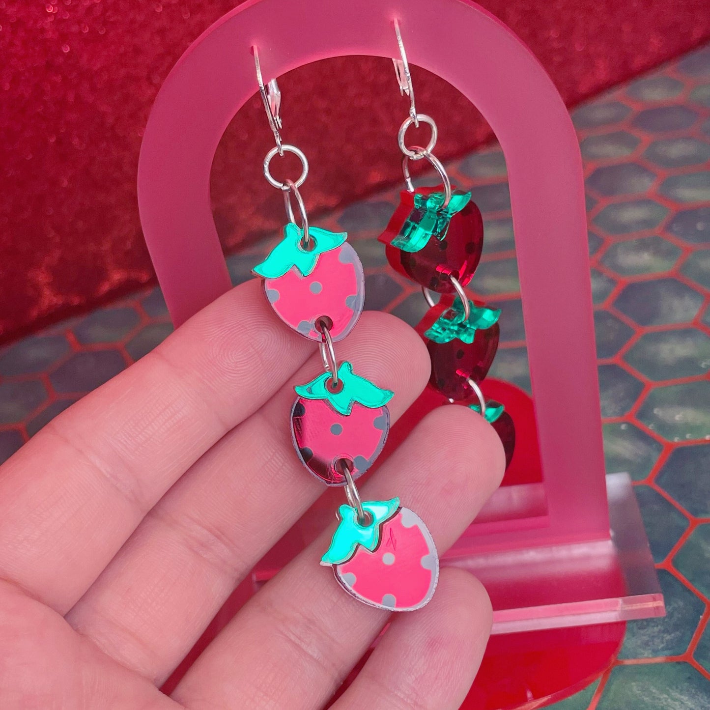 Strawberry Chain Mirror Acrylic Earrings
