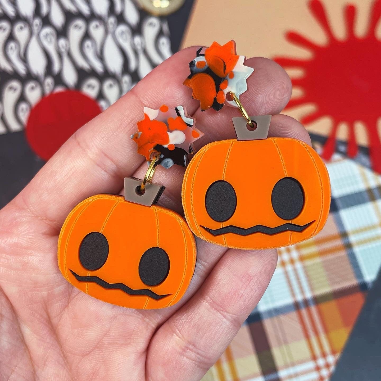 Spooky Chao Stud Acrylic Earrings // Pumpkin OR Skull Hat