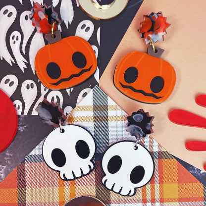 Spooky Chao Stud Acrylic Earrings // Pumpkin OR Skull Hat